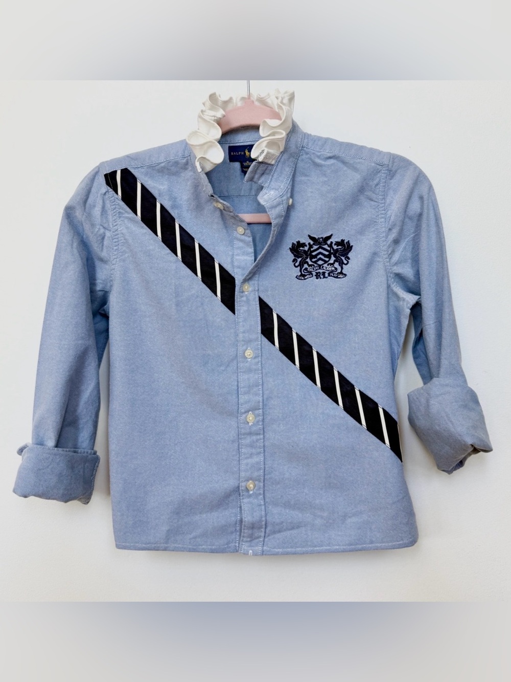 Ralph Lauren Light Blue Oxford Button-Down Shirt with Navy Crest and Stripe
